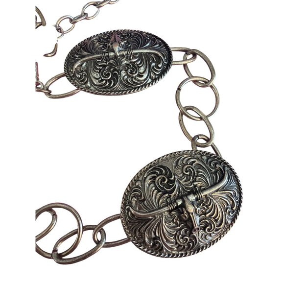 Vintage Western Silver Tone Belt Ornate Longhorn Buckles Conchos Adj Chain 42\
